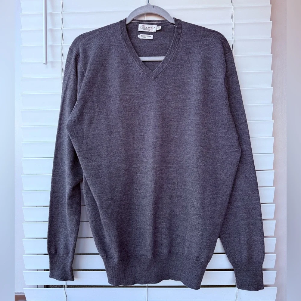 Peter Millar Sweater Mens Charcoal Gray Crown Soft V Neck Merino Wool Silk M - Picture 3 of 11